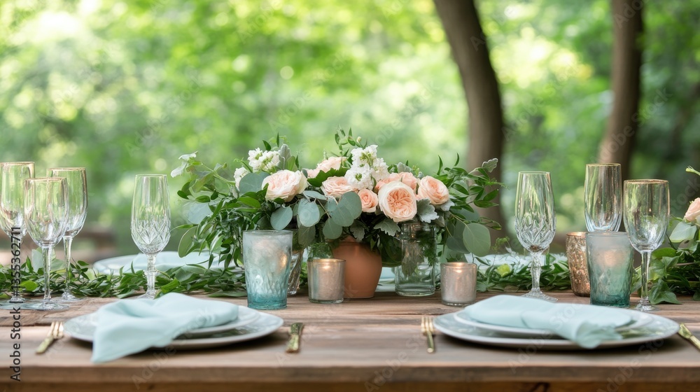 Elegant outdoor dining setup with soft floral arrangements and g Elegant outdoor dining setup with soft floral arrangements and g