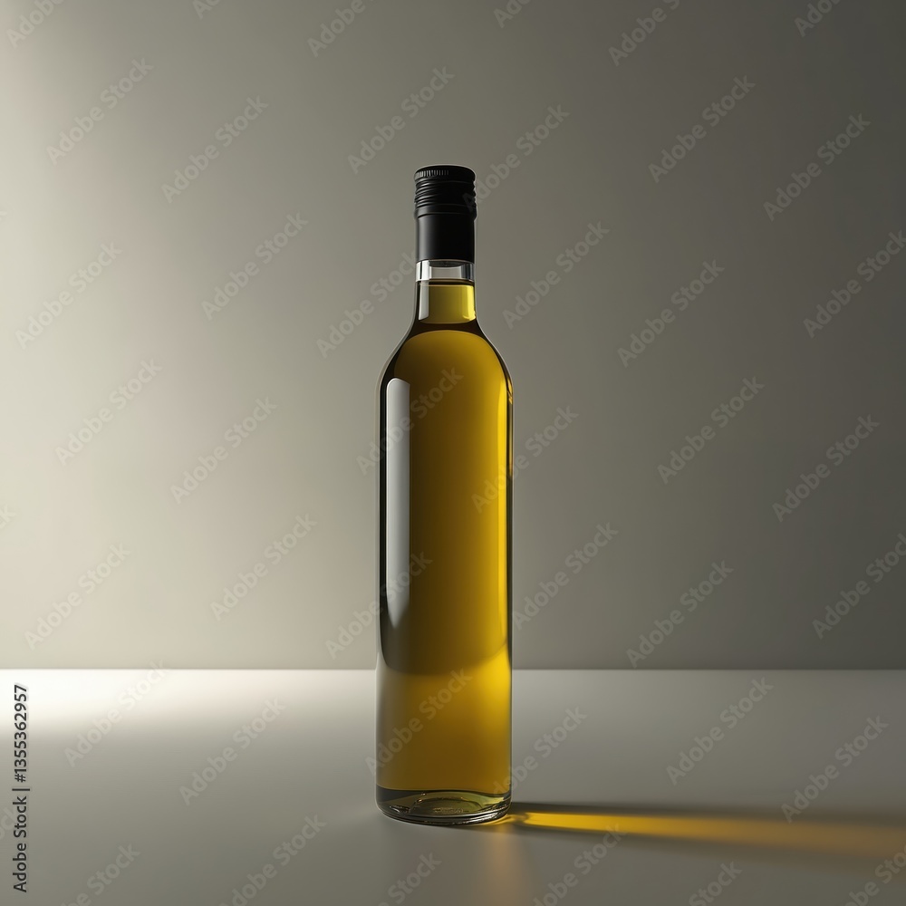 Fototapeta premium Glass bottle olive oil on minimalist background. Yellow liquid inside, black cap. Food ingredient, cooking, kitchen, healthy diet, extra virgin product. Product placement.