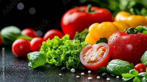 Fresh Colorful Vegetables Display with Tomatoes Bell Peppers and Lettuce on Black Surface