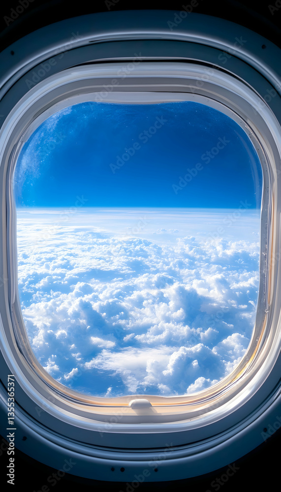 Fototapeta premium Airplane window view cloudscape, flight travel
