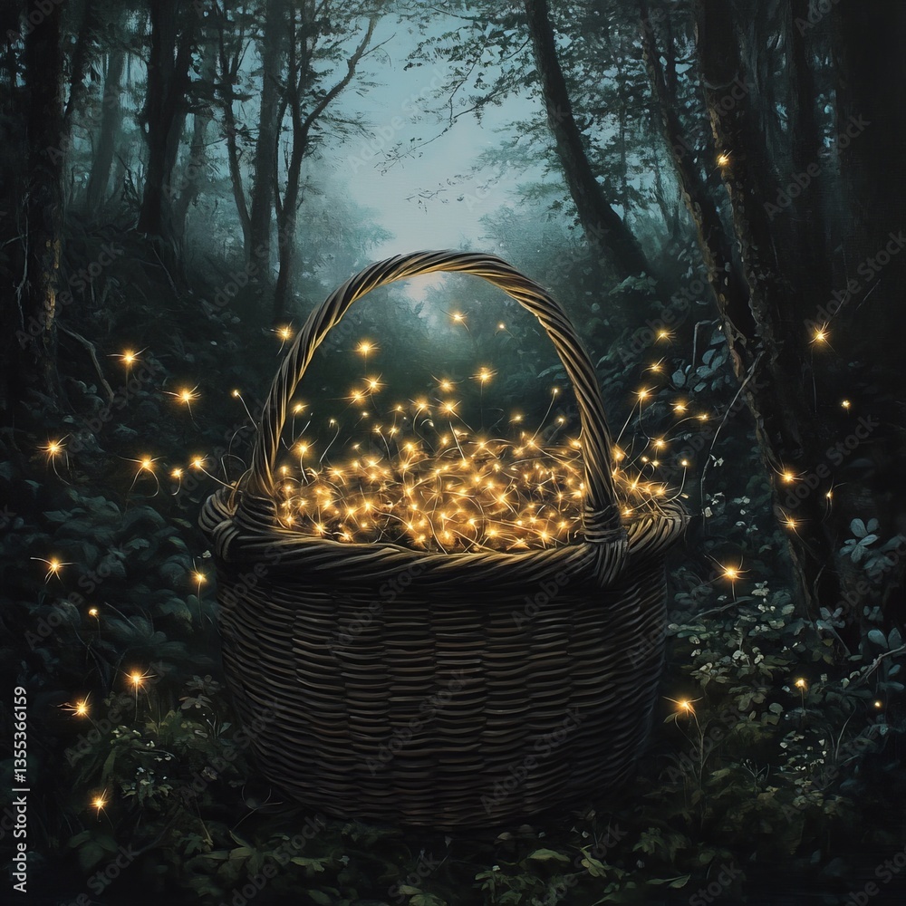 custom made wallpaper toronto digitalBasket filled with glowing fireflies, soft magical light illuminating a dark forest, ethereal and enchanting, ultra-detailed and surreal