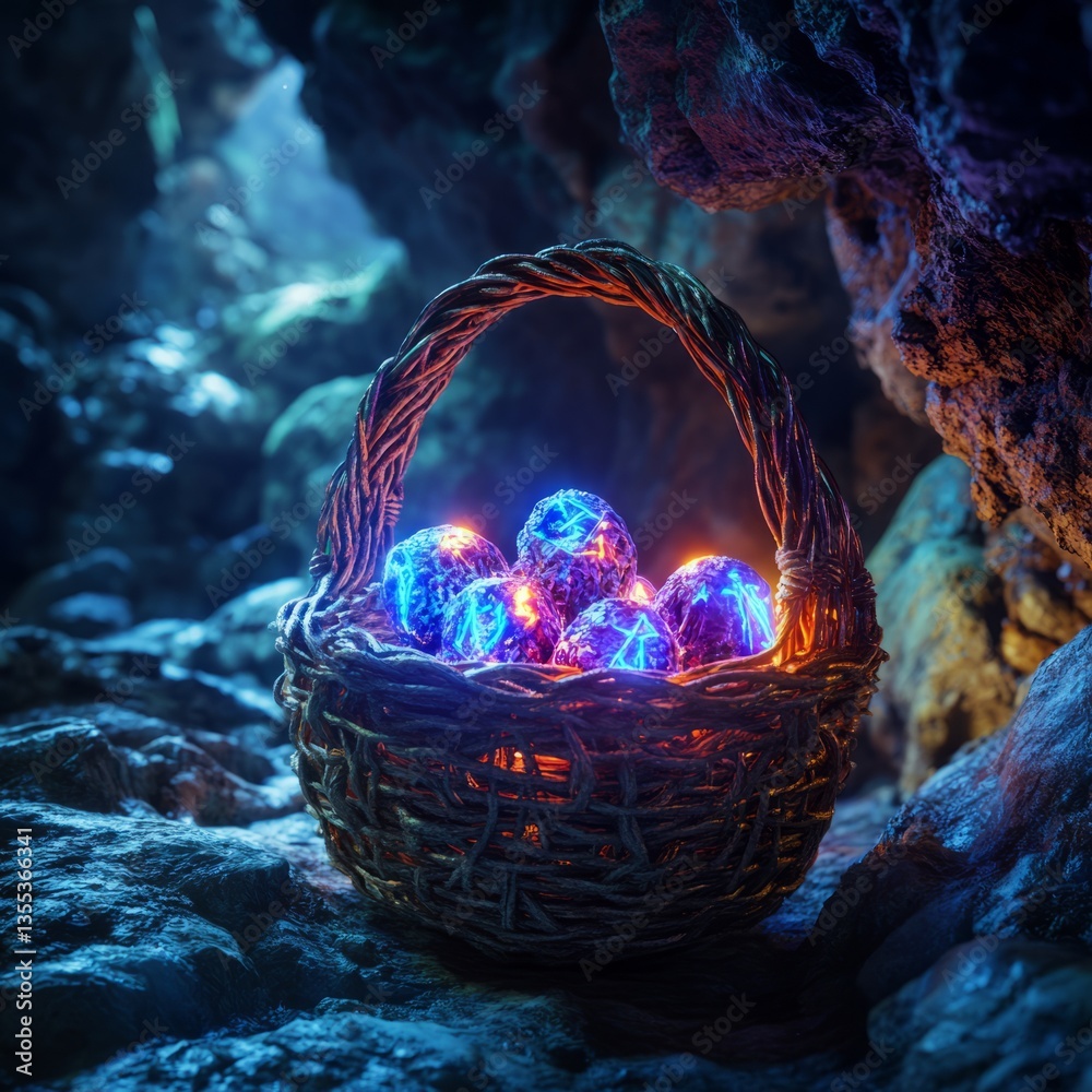 custom made wallpaper toronto digitalBasket filled with glowing magical runes, vibrant and surreal design, set in a mysterious cave, enchanting and cinematic, ultra-HD
