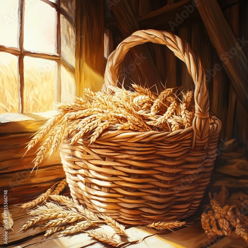 Wallpaper Mural Basket filled with golden wheat, soft sunlight streaming through, set in a rustic barn, warm and nostalgic, ultra-realistic and detailed Torontodigital.ca