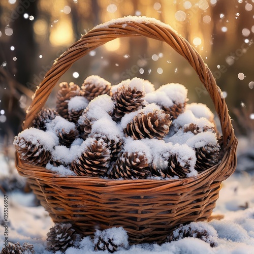 Wallpaper Mural Basket filled with snow-covered pinecones, cozy winter setting with soft lighting, festive and warm, photorealistic and seasonal Torontodigital.ca