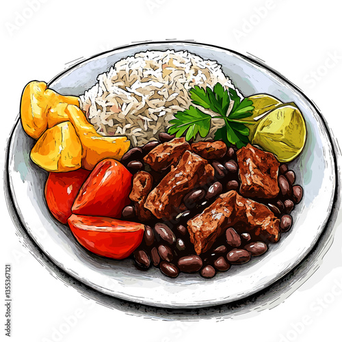 Watercolor Bowl of Cuban Ropa Vieja with Rice and Beans