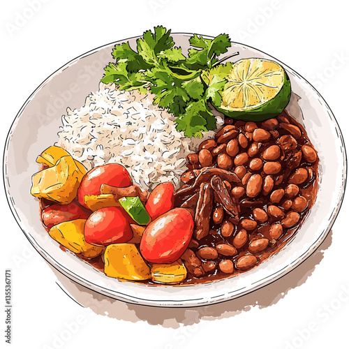 Watercolor Bowl of Cuban Ropa Vieja with Rice and Beans
