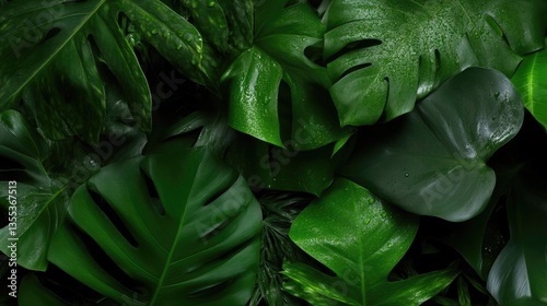 Lush tropical leaves, vibrant green foliage, close-up texture.  Wet, dark green leaves intertwined.  Natural background