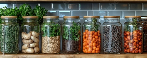 Wallpaper Mural Glass jars filled with various dry goods and herbs sit on a wooden shelf against a gray tile backsplash Torontodigital.ca
