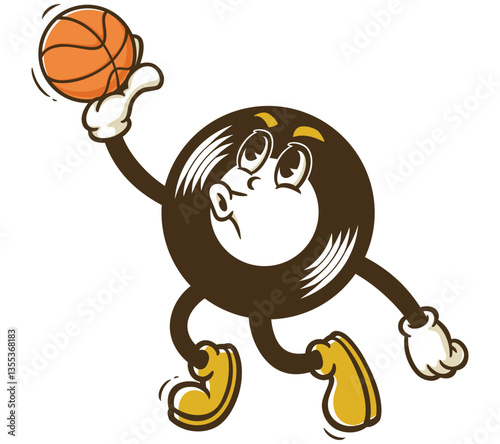Cartoon character Vinyl record playing slam dunk basketball