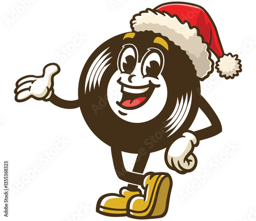 Cartoon character of vinyl record wearing a Christmas hat