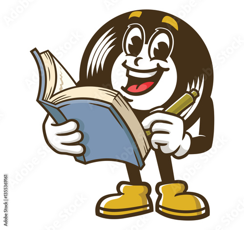 Cartoon character of vinyl record holding a book