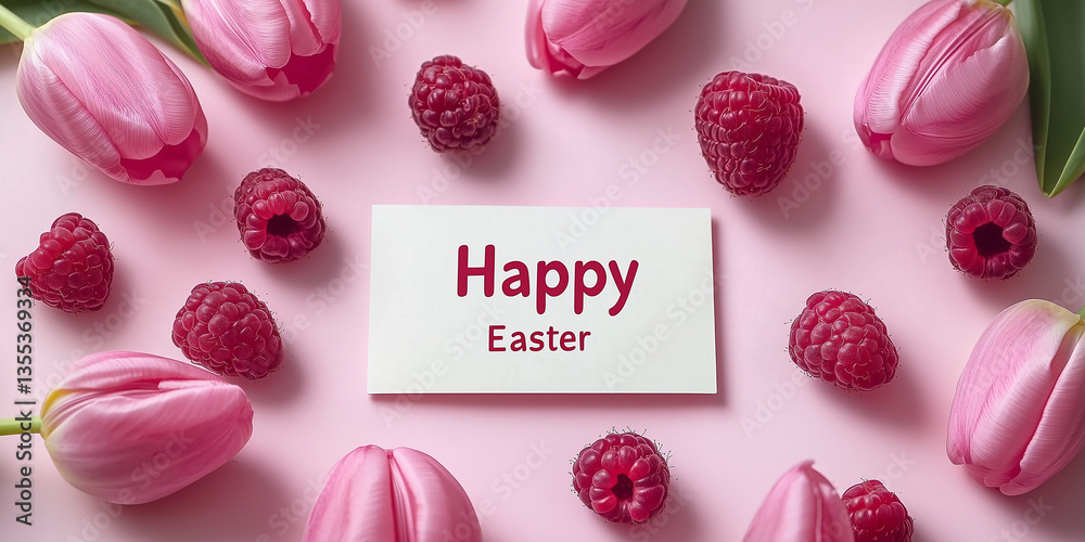 Maliny i różowe tulipany z kartką z napisem Happy Easter na środku