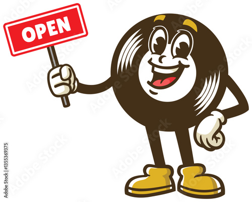 Cartoon character of a vinyl record holding an open sign