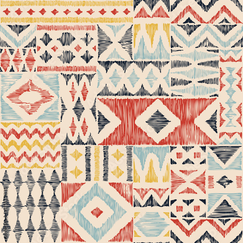 Geometric seamless ikat pattern. Grunge texture. Ethnic and tribal motifs. Bohemian print for home decor, textiles, blankets, rugs, pillows. Vector illustration.