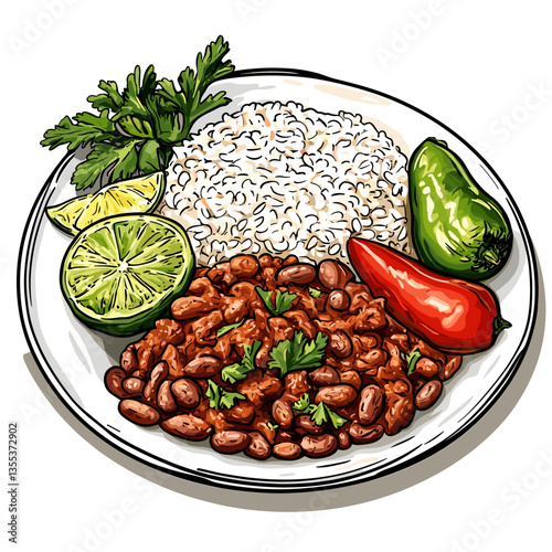 Vector Cuban Ropa Vieja with Rice, Beans, Lime and Peppers