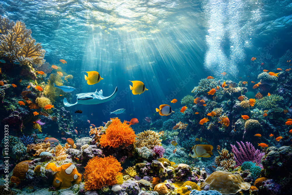 Naklejka premium Vivid Underwater Coral Reef Ecosystem: A Symphony of Marine Life and Ecological Harmony