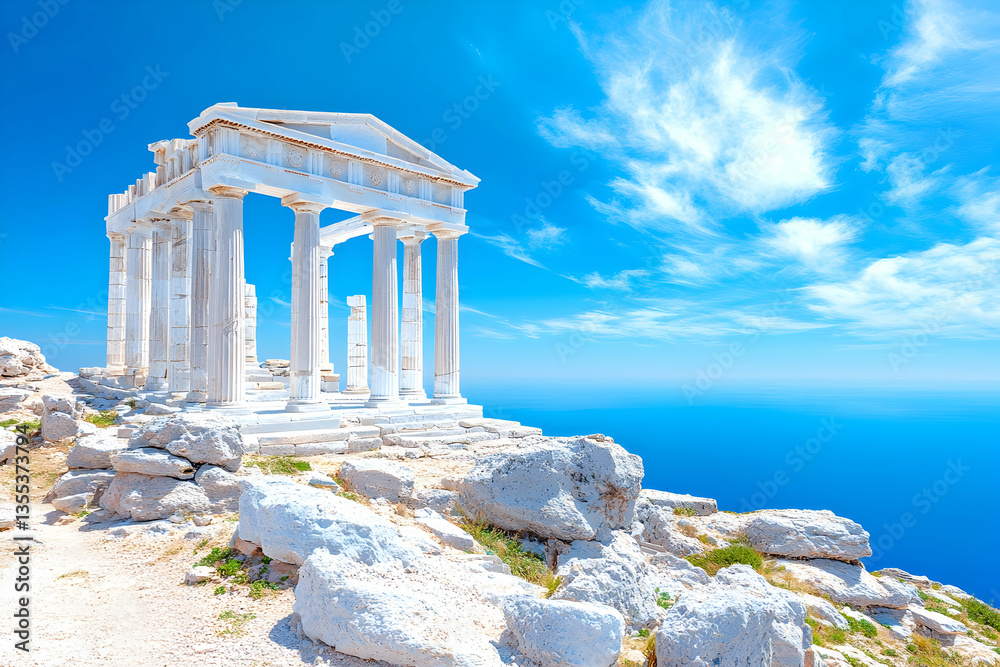Fototapeta premium Ancient Greek temple overlooking Aegean sea under blue sky