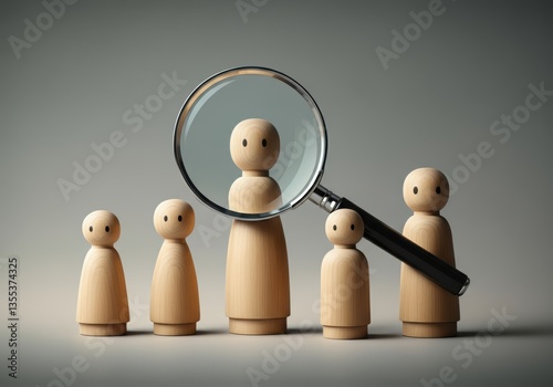 Wooden figures under a magnifying glass, symbolizing focus and analysis