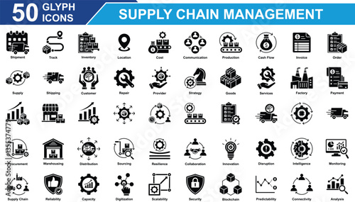 Supply Chain Management Icon Set Collection. Containing Shipment, Track, Inventory, Distribution, Cost, Communication, Production, Cash Flow, Supply, Logistics,  . Simple GlyphVector Illustration.