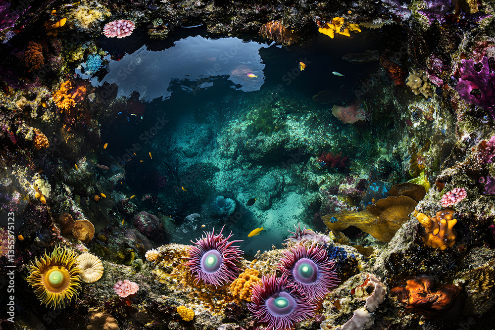 Fototapeta premium Nature's Aquarium: A Microcosm of Life in a Sunlit Coastal Rockpool