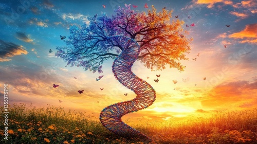DNA Tree of Life at Sunset Growth with Nature, and and Science.
