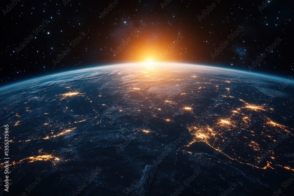 Obraz premium Earth view from space shows city lights and sunrise glow. Perfect for science, technology, or environmental projects.