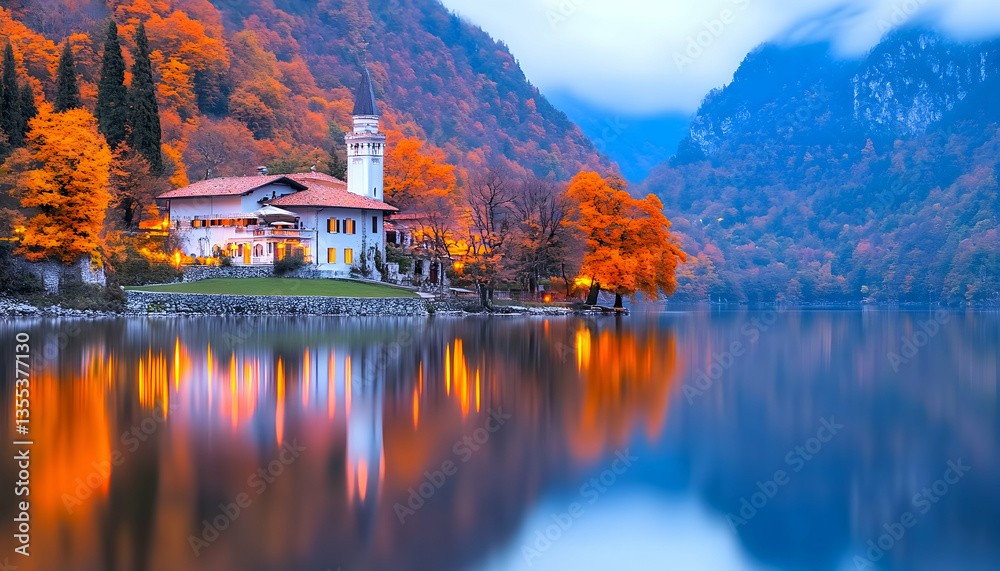 Fototapeta premium Autumnal lakeside villa, mountain backdrop, calm waters, twilight reflection