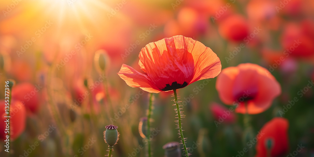 Fototapeta premium Blooming poppy in a poppy field close up detail 