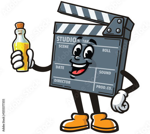 Clapperboard character cartoon holding a bottle of oil