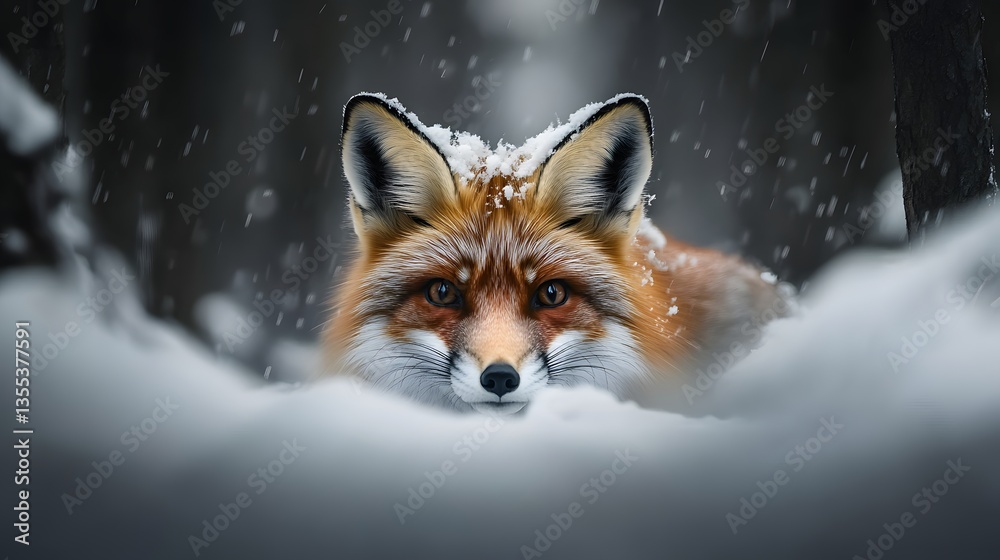 Obraz premium Fox in Winter Wonderland: A captivating portrait of a red fox emerges from a snow-covered landscape, its piercing eyes and striking fur contrasting with the cool tones of the winter scene.
