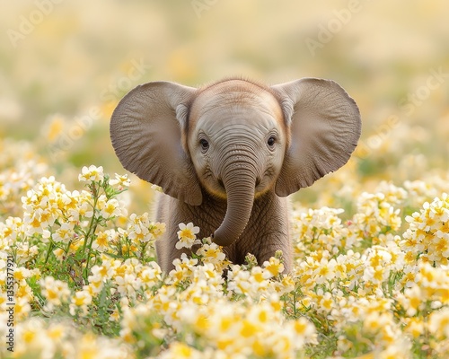 Adorable baby elephant amidst vibrant yellow flowers