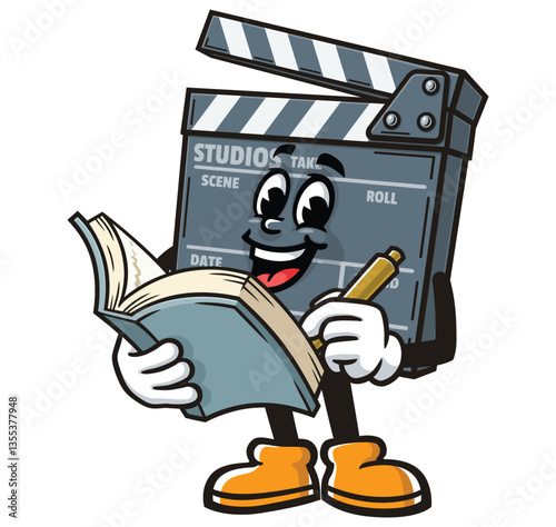 Clapperboard character cartoon holding a book