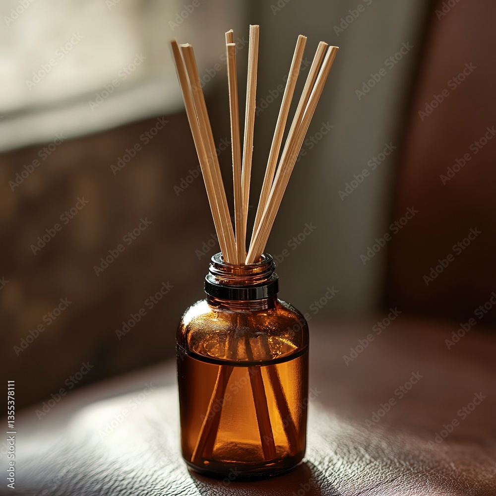 custom made wallpaper toronto digitalBrown glass essential oil diffuser bottle with wooden sticks on textured leather surface