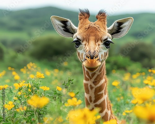 Adorable baby giraffe in a field of yellow flowers.  Its curious expression and unique markings are captivating
