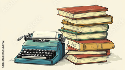 Typewriter and book stack isolated on white cartoon vector illustration. Concept writer stuff, professional writer textbook volume, publishing house. Vintage printed machine paper list.