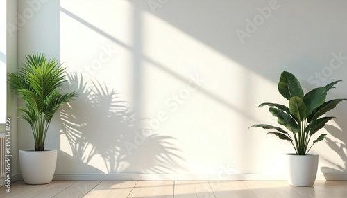 Bright white wall background with sunlight shadow from window, two plants in pots. Empty room for online meeting, workspace, home, office interior design with minimalist decor, green plants. Clean