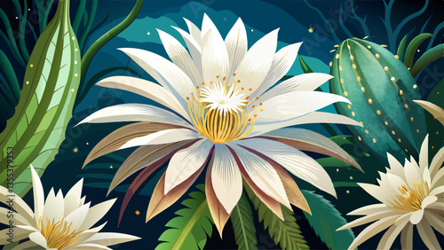 White blossom Queen of the Night Cactus plant with large fragrant flowers front view