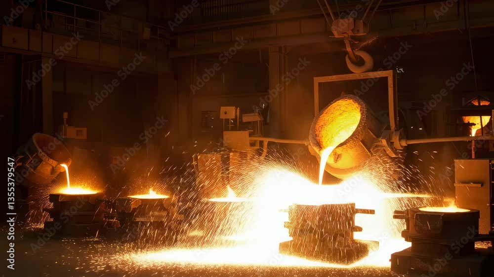 Molten metal pouring in foundry. Hot liquid steel casting process. Industrial metalworking, smelting iron ore. Manufacturing heavy machinery parts
