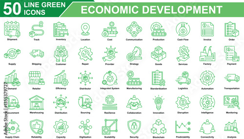 Supply Chain Management Icon Set Collection. Containing Shipment, Track, Inventory, Distribution, Cost, Communication, Production, Cash Flow, Supply, Logistics. Simple Line Green Vector Illustration.