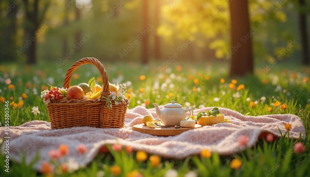 A close-up shot of a picnic basket filled with fruit, a teapot, and a teacup, set on a blanket in a grassy field. The sun is shining and the overall tone of the image is peaceful and romantic, conveyi