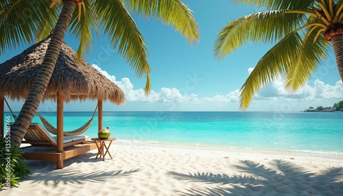 Fototapeta Naklejka Na Ścianę i Meble -  A tropical beach scene with white sand, turquoise water, and palm trees. A hammock hangs between two palm trees, and a thatched-roof cabana sits on the sand. The overall tone of the image is peaceful 