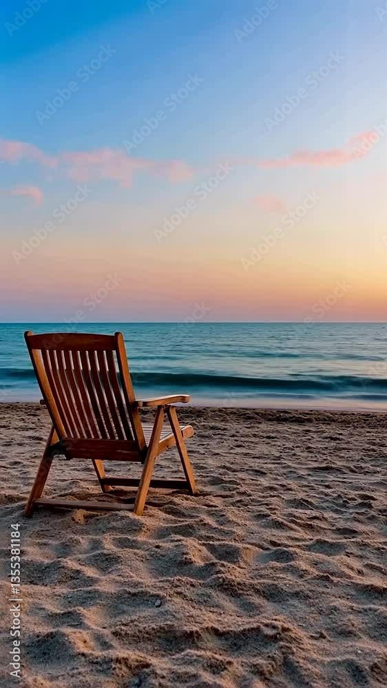 A serene beach scene at sunset with a wooden chair facing the calm ocean waves A serene beach scene at sunset with a wooden chair facing the calm ocean waves
