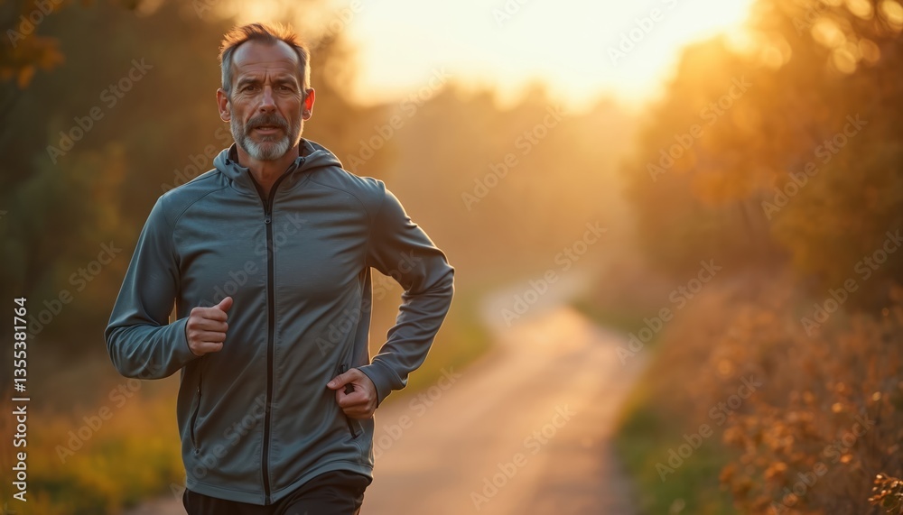 Obraz premium Man jogs nature path at sunrise in grey athletic jacket. Active lifestyle, fitness, health, exercise concept. Morning sun illuminates jogger, promoting wellness, cardio outdoors. Calmness, serenity,