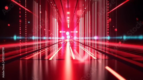 High-tech virtual corridor glowing with red lights in futuristic design during nighttime