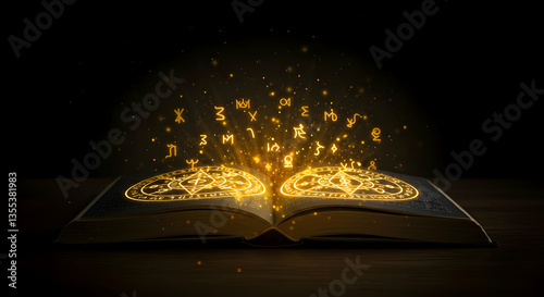 Open Book With Glowing Golden Letters On Dark Background