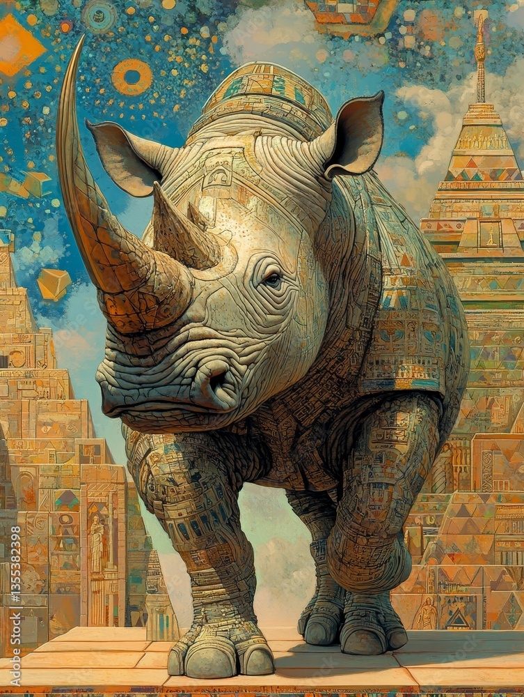 Fototapeta premium Ornate rhino strides through ancient temple city.