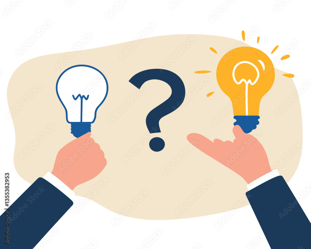 Business Problem Solving Concept: Hand Holding Question Mark and Lightbulb for Idea and Solution, FAQ Minimalist Flat Vector Illustration Business Problem Solving Concept: Hand Holding Question Mark and Lightbulb for Idea and Solution, FAQ Minimalist Flat Vector Illustration