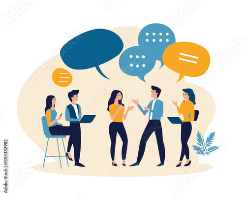 Business Team Collaboration Concept: Coworkers Brainstorming and Discussing Ideas with Speech Bubbles in Minimalist Flat SVG Vector Style
