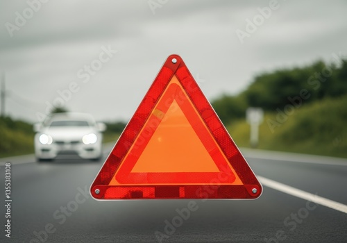 Red warning triangle on the road indicating a vehicle breakdown