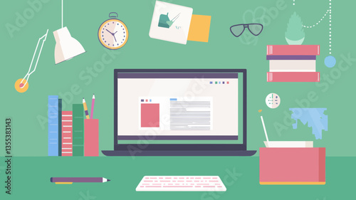 Flat Design Vector of Distance Education and E-Learning Workspace with Laptop and Study Materials for Online Learning and Digital Classroom Concepts